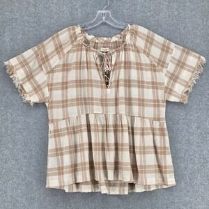 Pilcro Anthropologie Women‎ Medium Bette Babydoll Plaid Gauze Top Shirt Frayed